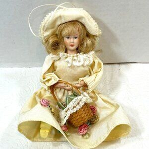 VTG Ceramic Sitting Blue Eyed Blonde Girl Doll Table Hanging Tree Ornament 5"